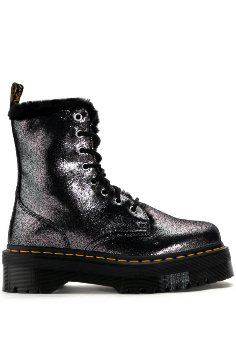 Side View Dr Martens Jadon Fur Lined Distressed Metallic Platform Boot 1