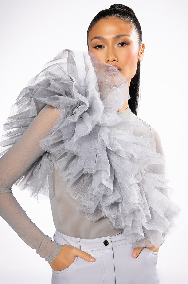 DRAMATIC RUFFLE DETAIL MESH LONG SLEEVE TOP view 0
