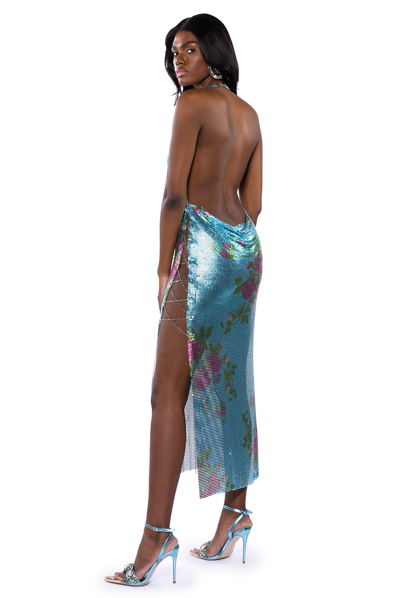 Side View Dream Floral Chainmail Maxi Dress