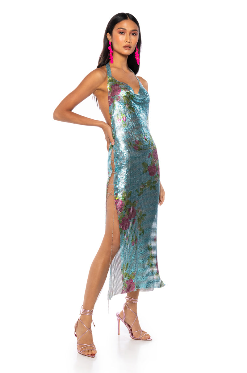 Side View Dream Floral Chainmail Maxi Dress