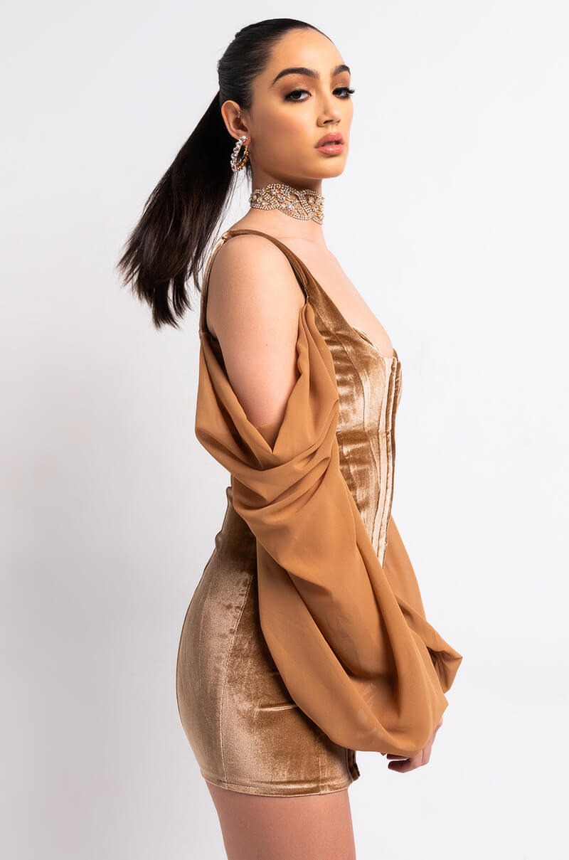 DREAMING IN VELVET CORSET MINI DRESS LIGHT BROWN AKIRA DREAMING IN VELVET CORSET MINI DRESS LIGHT BROWN AKIRA