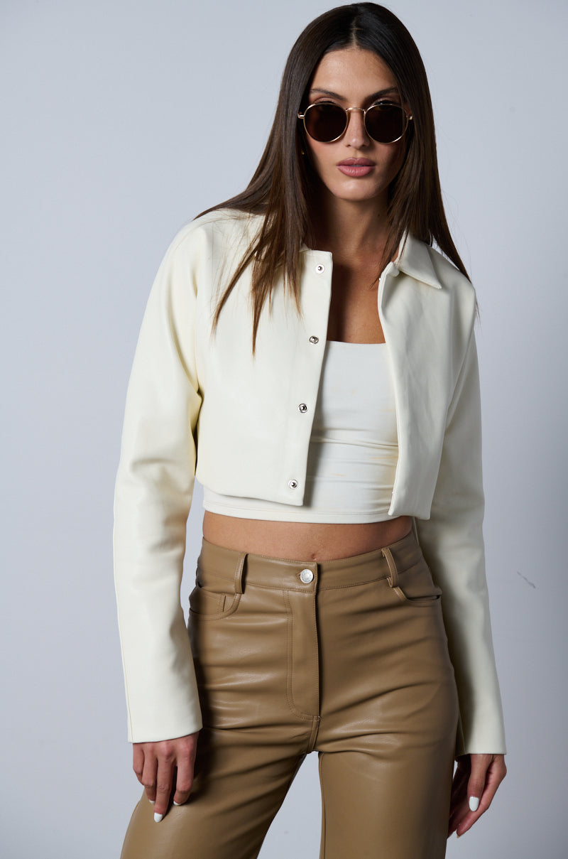 Side View Dressy Cropped Faux Leather Blazer In Ivory 1