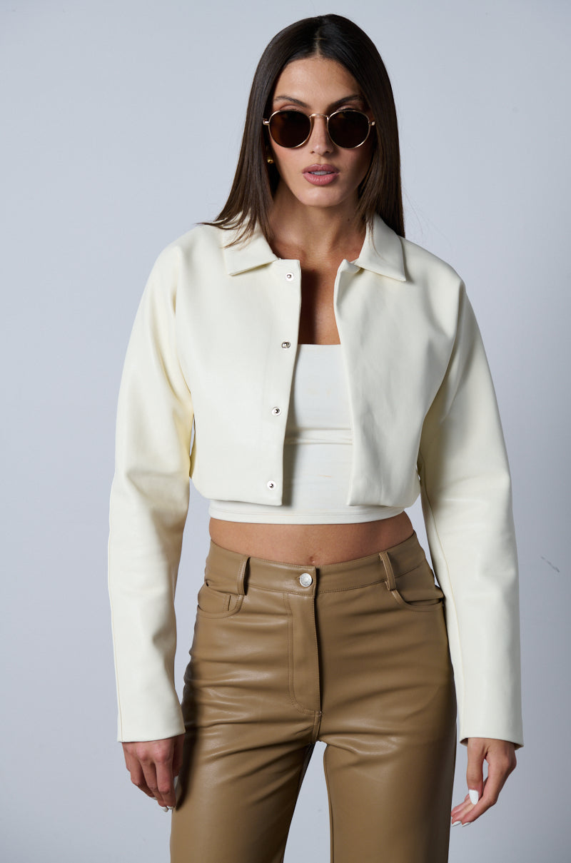 Back View Dressy Cropped Faux Leather Blazer In Ivory 2