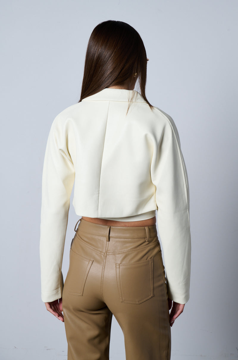 Extra View Dressy Cropped Faux Leather Blazer In Ivory 5