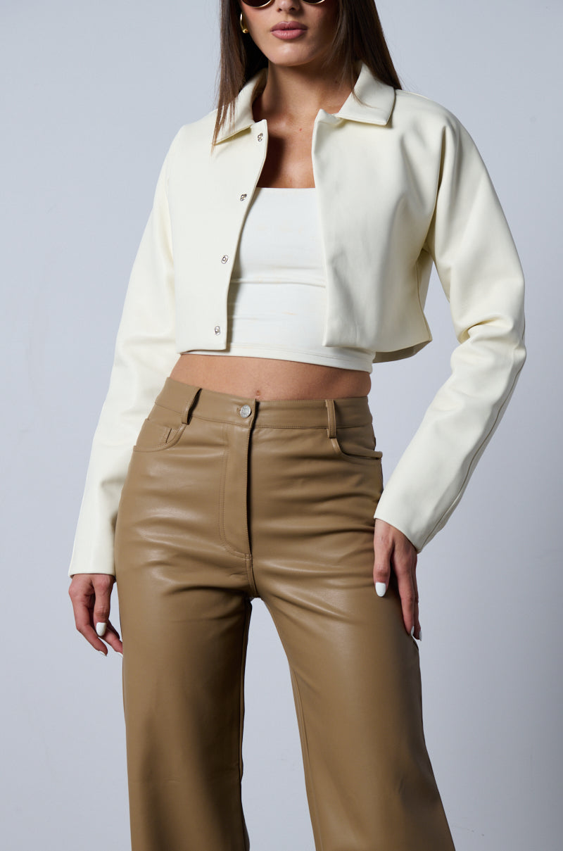 Extra View Dressy Cropped Faux Leather Blazer In Ivory 6