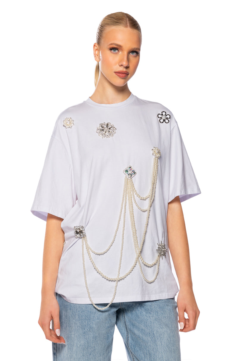 Front View Dripping In Jewels Embellished T Shirt In White