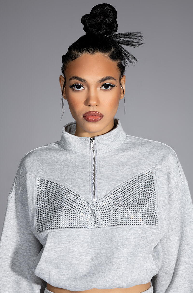 Front View Dripping Jewels Rhinestone Half Zip Sweatshirt
