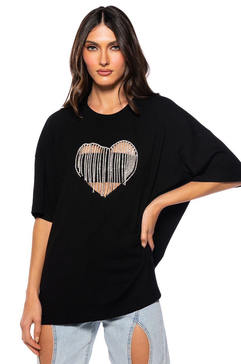 Front View Dripping Rhinestone Heart Oversized Tshirt