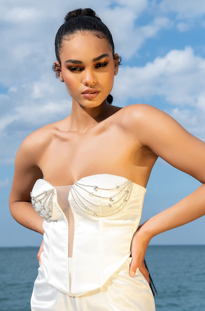 Front View Drippy Rhinestone Satin Bustier