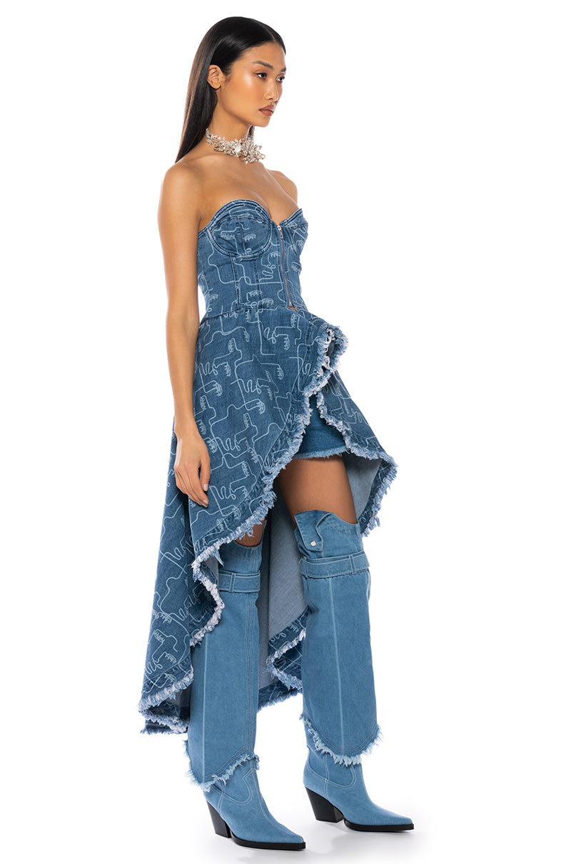 Side View Dusk Til Dawn Printed Denim Corset Blouse