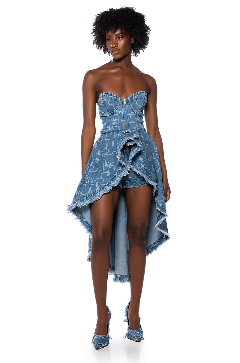 Side View Dusk Til Dawn Printed Denim Corset Blouse