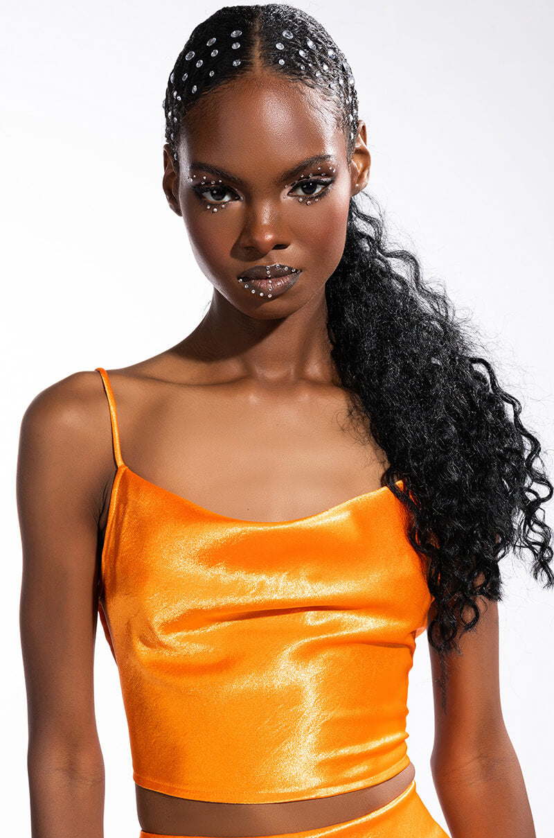 Front View Dusk Till Dawn Cropped Sleeveless Satin Cowl Neck Tank Top