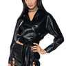 Front View Dylan Faux Leather Wrap Front Blouse