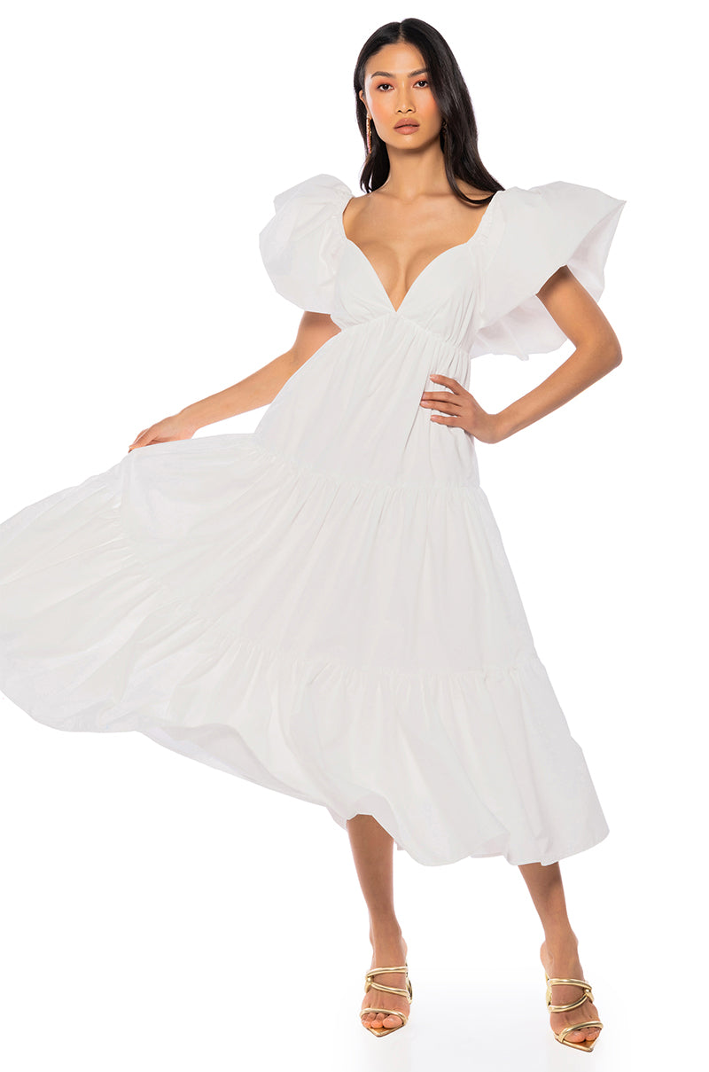 Front View Earth Angel Puff Sleeve Maxi Dress In White