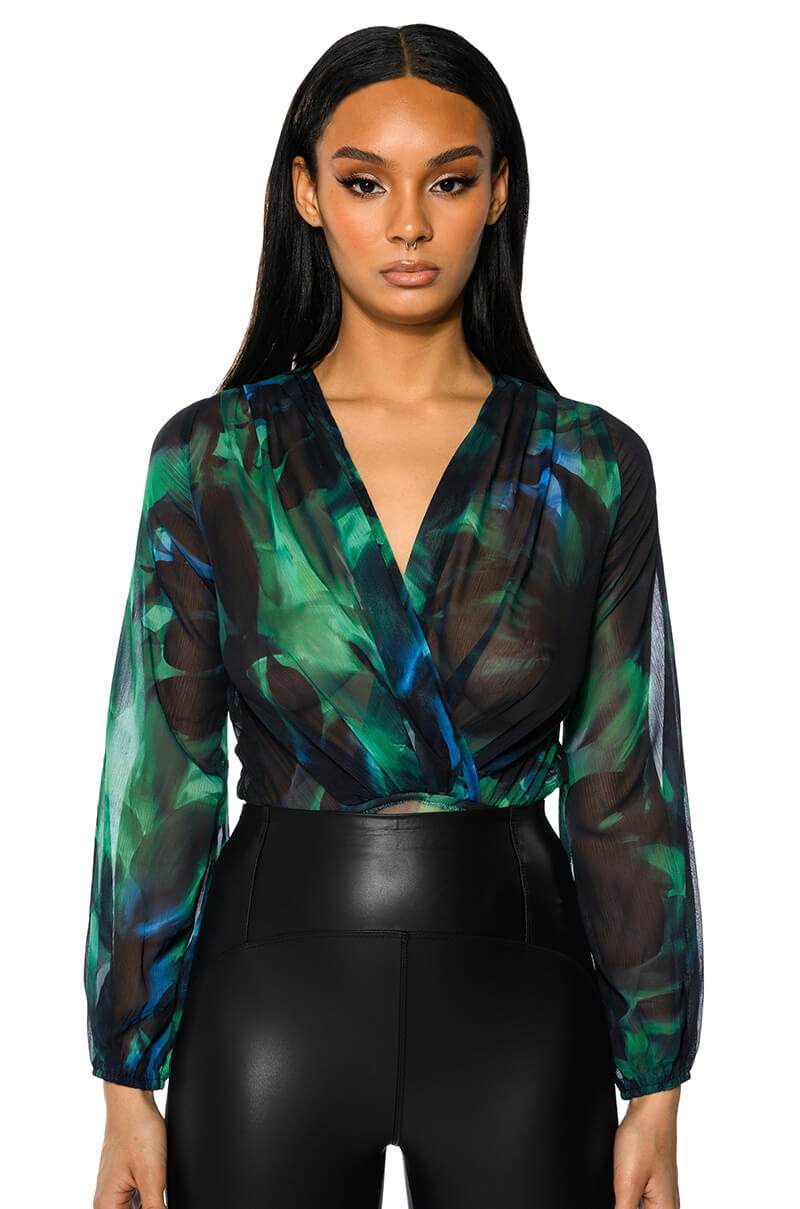 Front View Earth Sign Long Sleeve Surplice Chiffon Cheeky Bodysuit