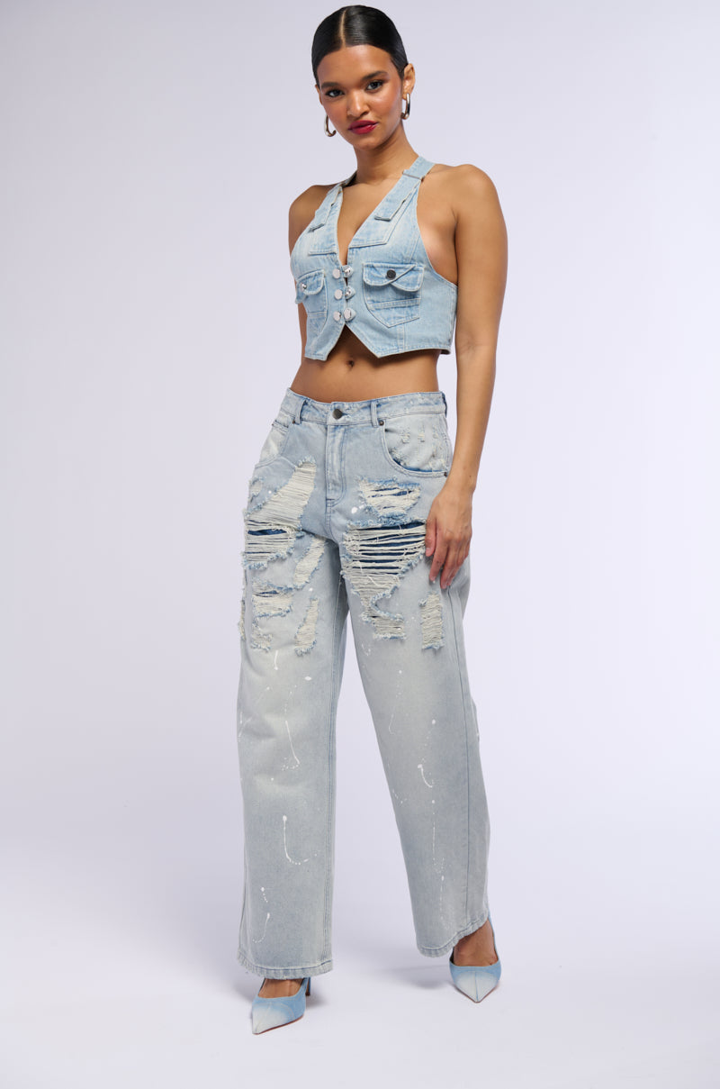 Denim Ditsy Printed Belt Pants main image 1