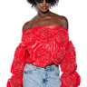 Front View Easy Faux Leather Floral Off The Shoulder Sweatshirt