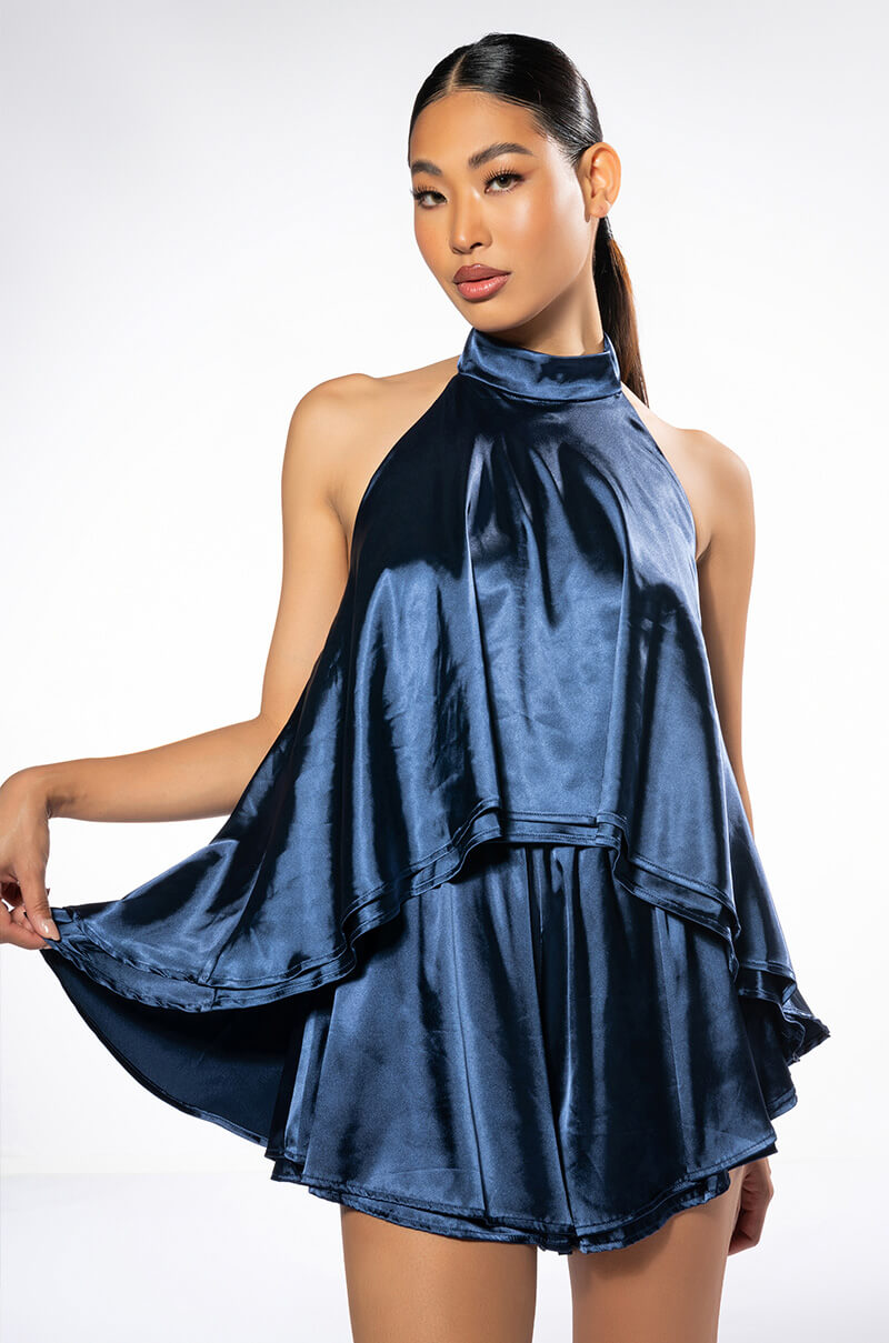 Front View Easy Going High Low Satin Halterneck Top