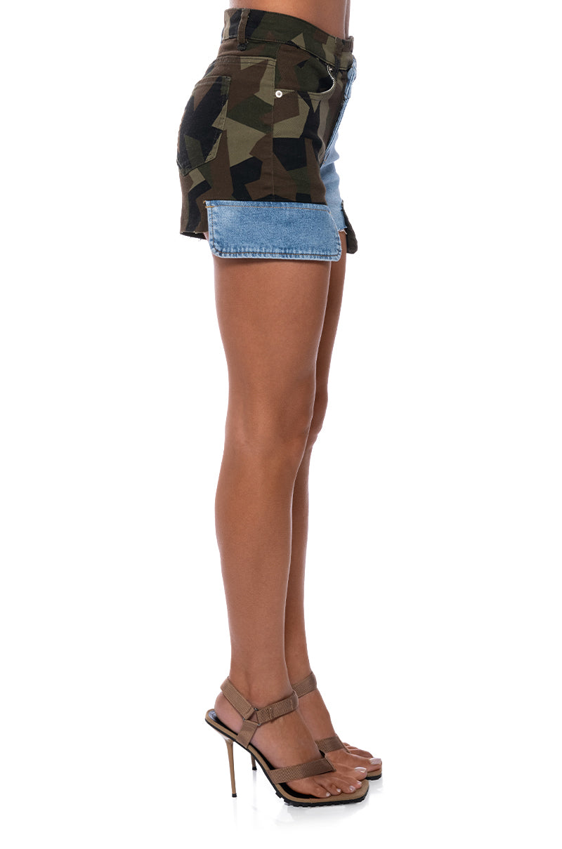 EASY ON ME CAMO DENIM SHORTS  AKIRA