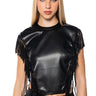 Front View Ebony Faux Leather Open Sides Fringe Trim Top