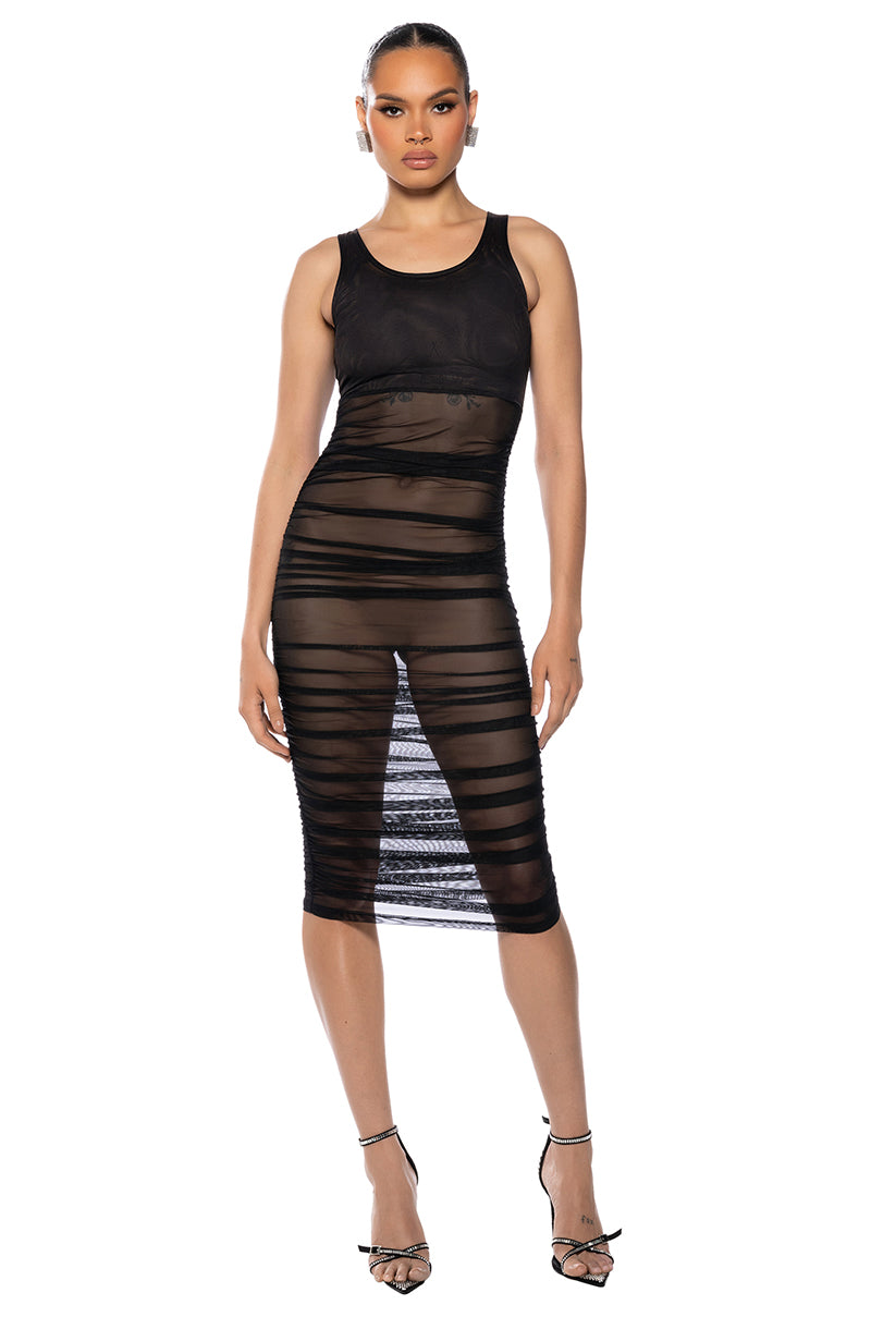 ECHO MESH RUCHED SLEEVELESS MIDI DRESS IN BLACK view 0