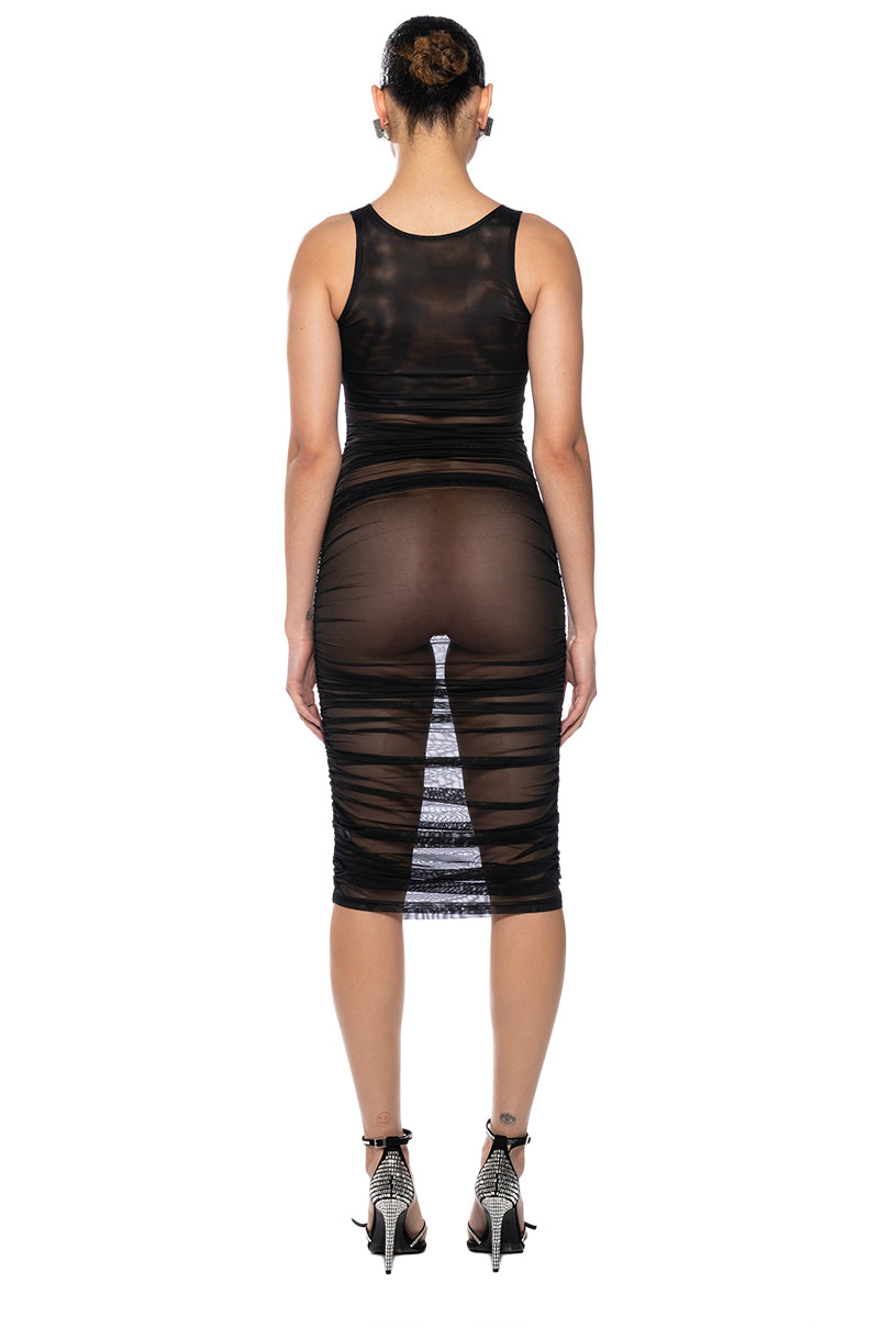 ECHO MESH RUCHED SLEEVELESS MIDI DRESS IN BLACK AKIRA ECHO MESH RUCHED SLEEVELESS MIDI DRESS IN BLACK AKIRA