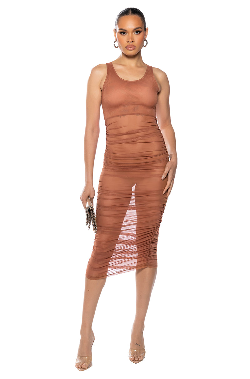 Front View Echo Mesh Ruched Sleeveless Midi Dress In Rust