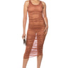 Front View Echo Mesh Ruched Sleeveless Midi Dress In Rust