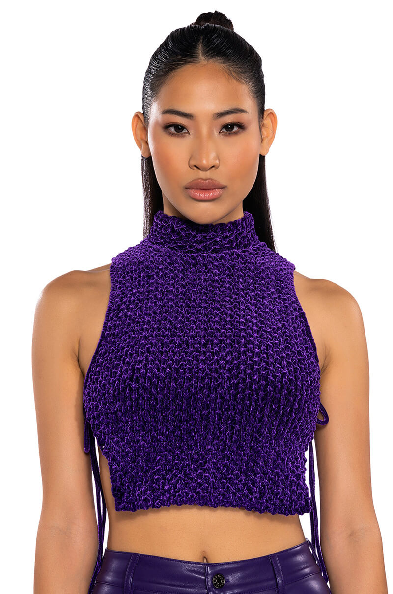 Front View Echo Velvet Sleeveless Top In Purple