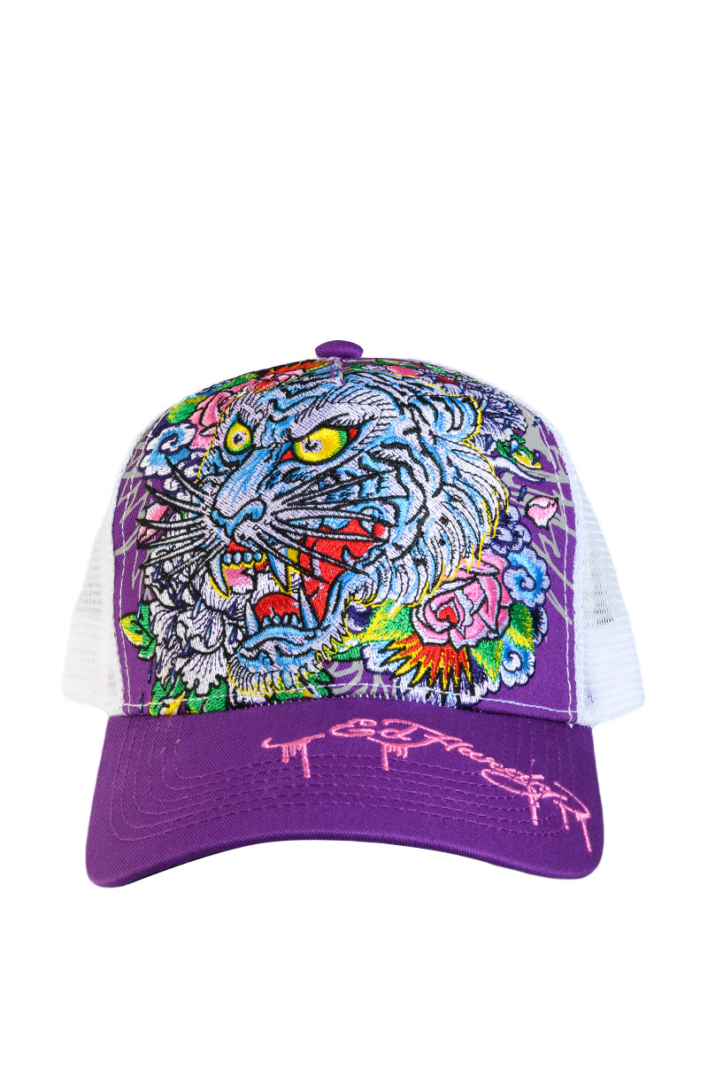 Side View Ed Hardy Floral Tiger Trucker Hat