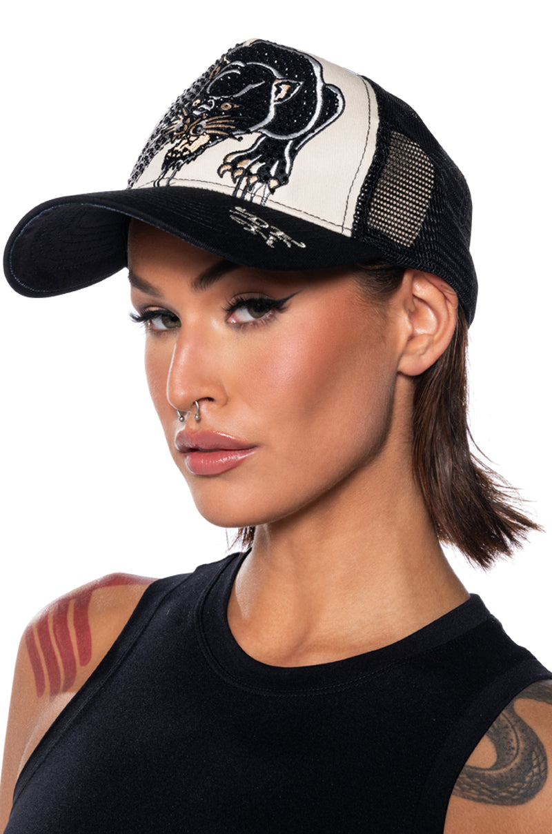Front View Ed Hardy Rhinestone Panther Trucker Hat 3