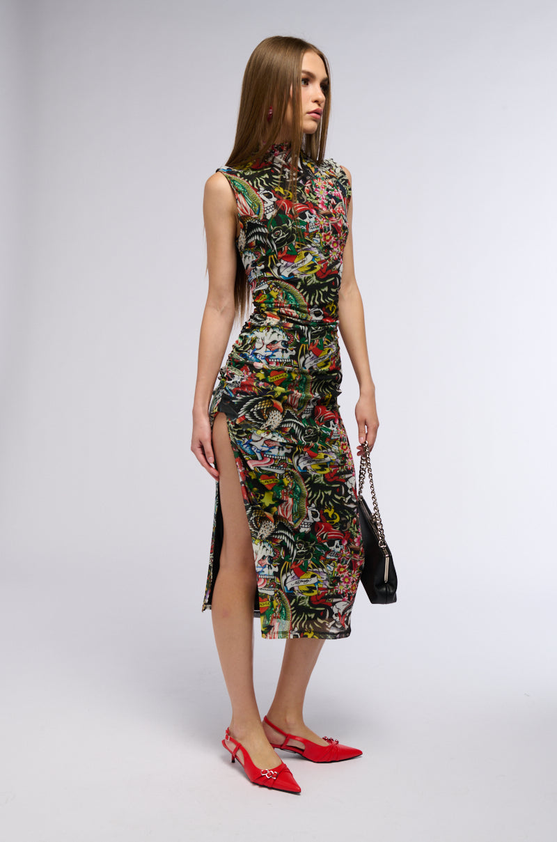 Side View Ed Hardy Tattoo Collage Print Midi Dress