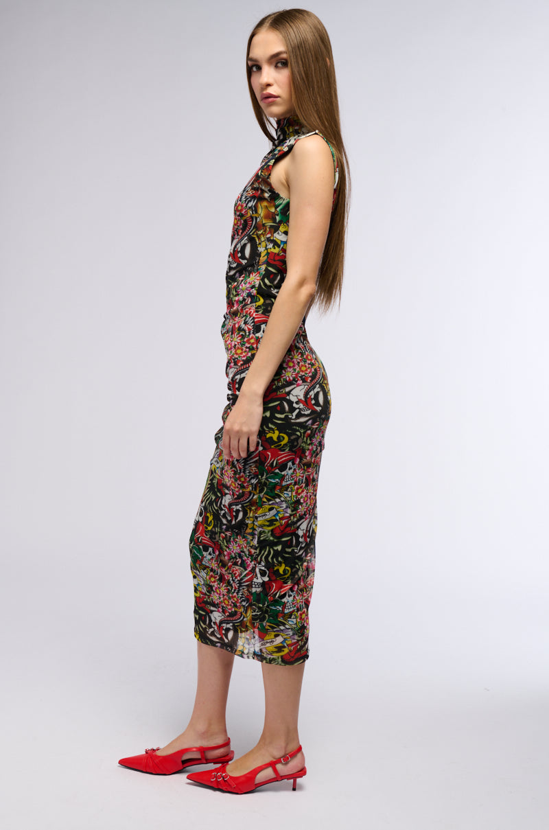 Detail View Ed Hardy Tattoo Collage Print Midi Dress