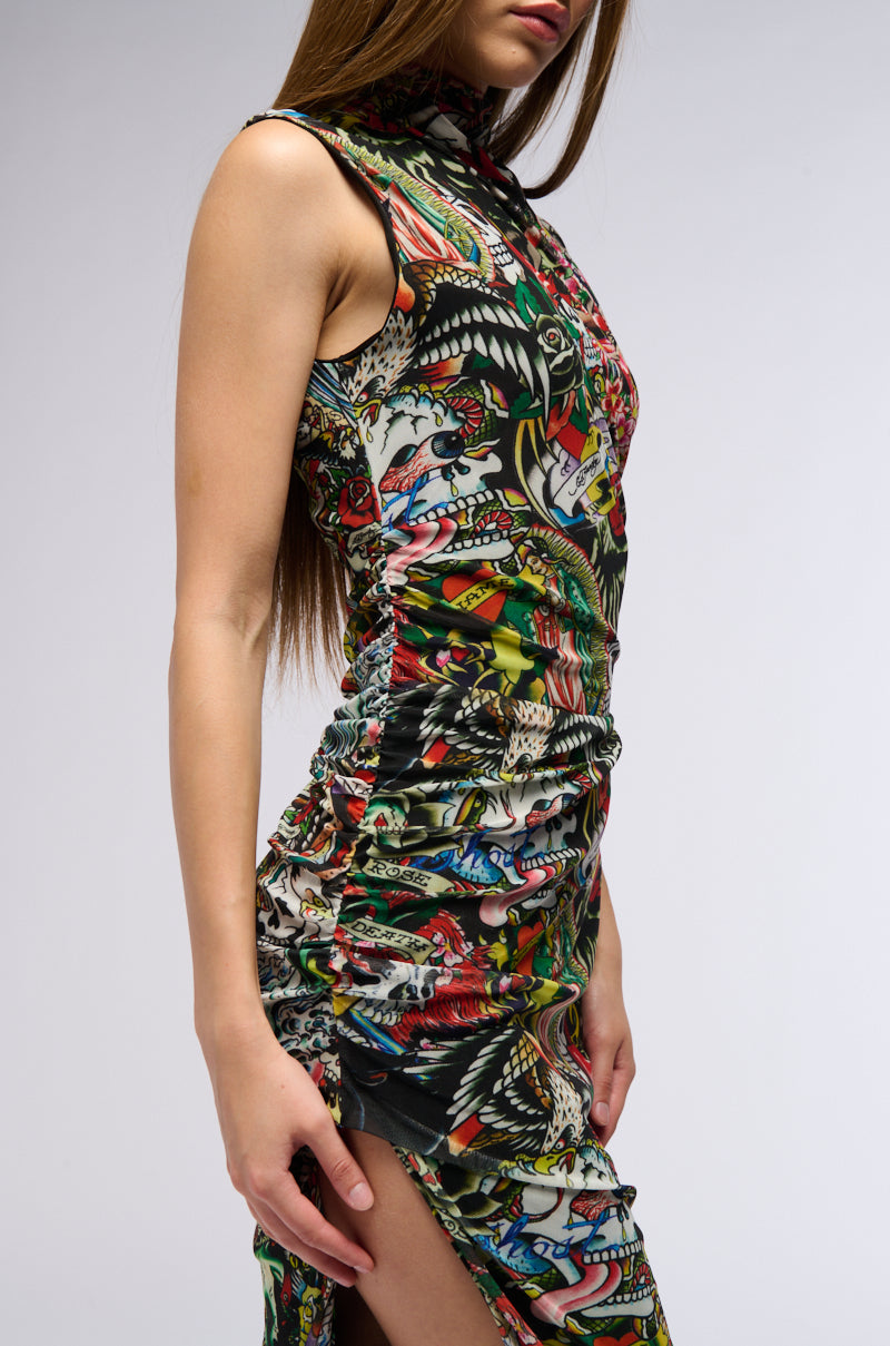 ED HARDY TATTOO COLLAGE PRINT MIDI DRESS – AKIRA ED HARDY TATTOO COLLAGE PRINT MIDI DRESS – AKIRA