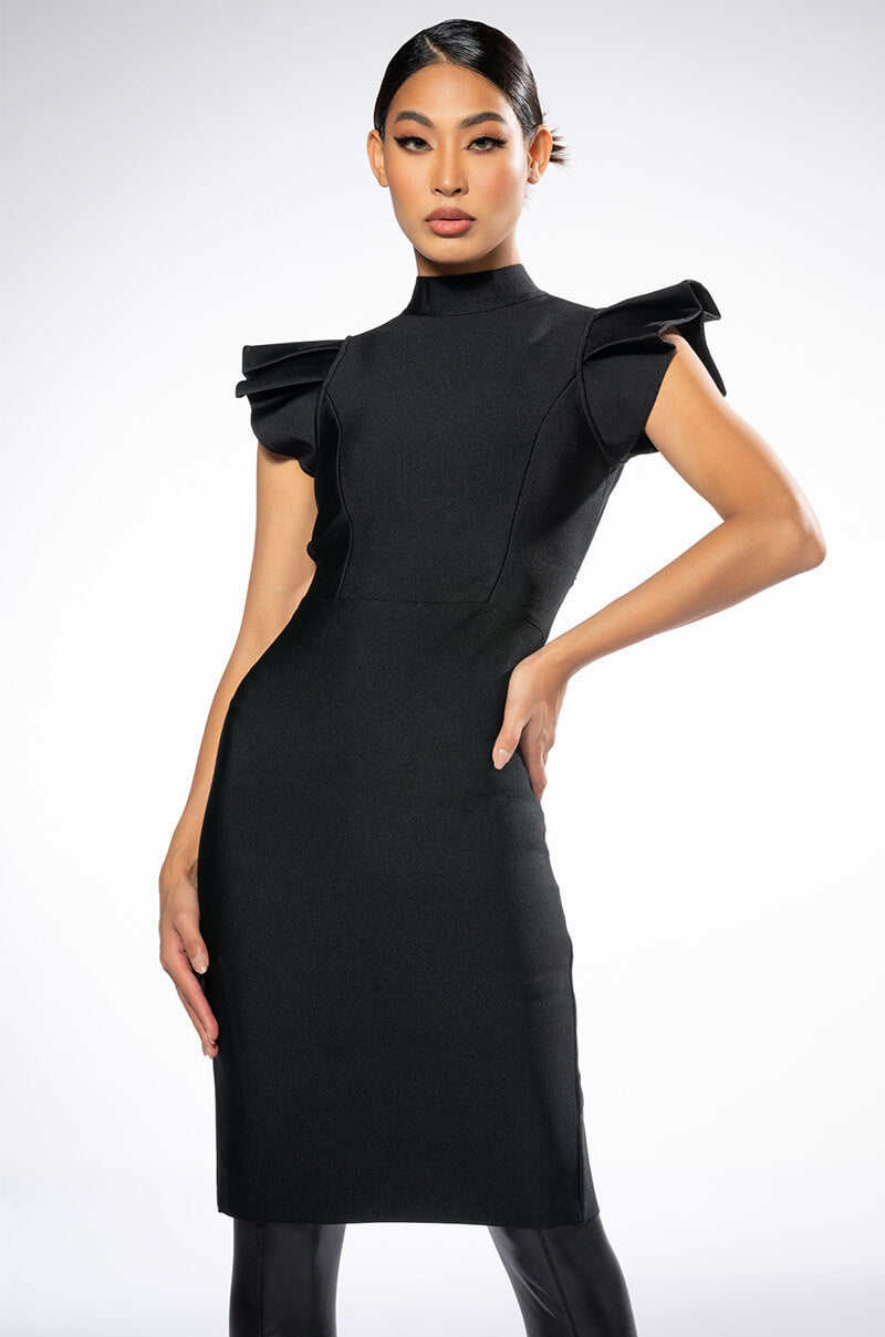 Front View Editor In Chief Mock Neck Ruffle Sleeve Midi Dress In Black