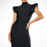 Front View Editor In Chief Mock Neck Ruffle Sleeve Midi Dress In Black