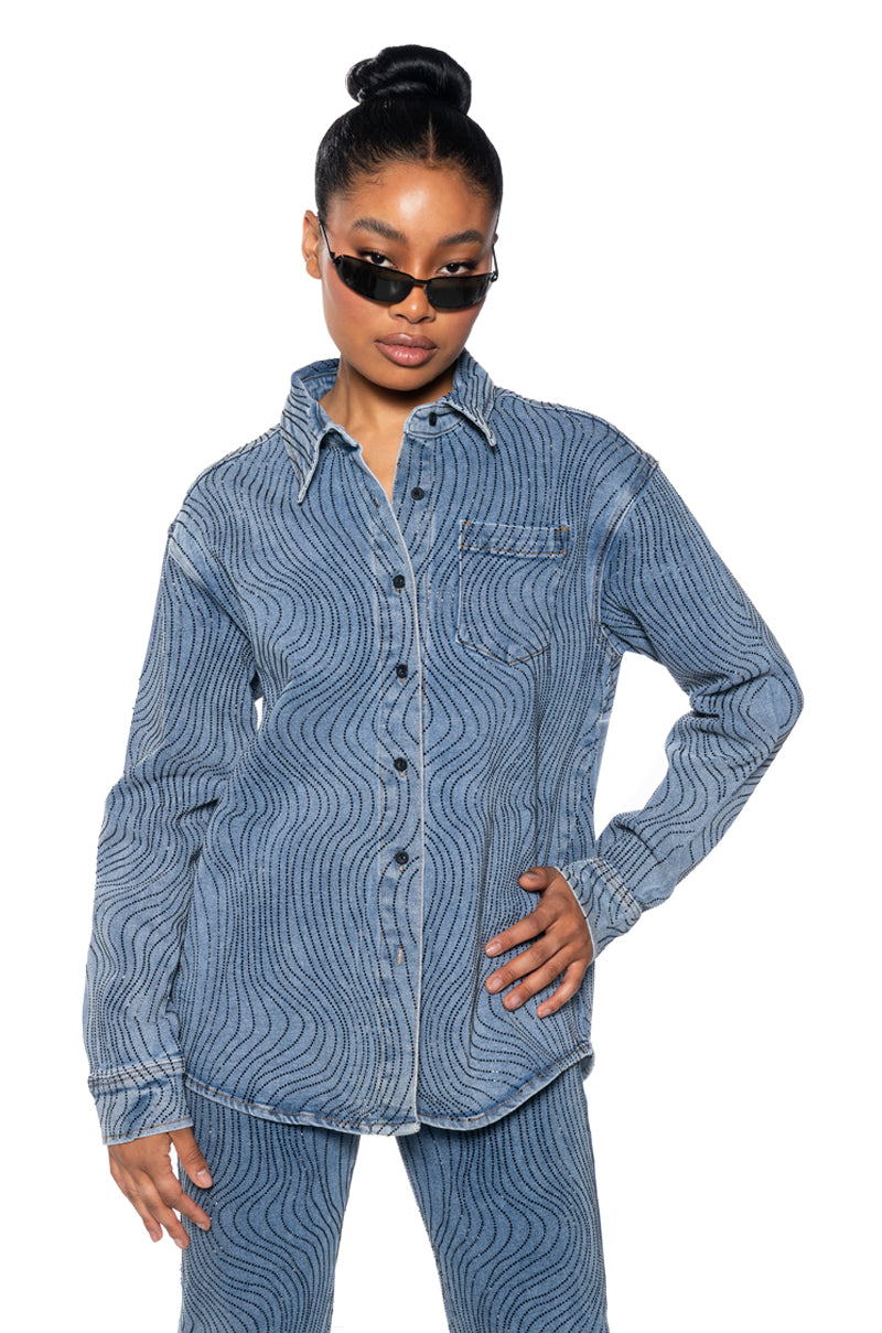 Side View Effortless Glam Rhinestone Button Down Shirt