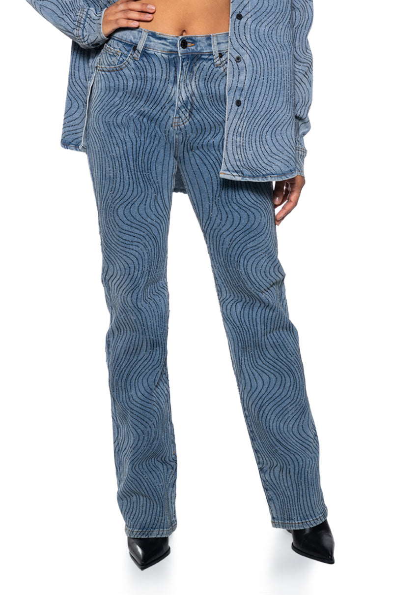 Front View Effortless Glam Rhinestone Straight Leg Jean