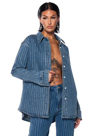 EFFORTLESS GLAM RHINESTONE STRIPE BUTTON DOWN SHIRT – AKIRA