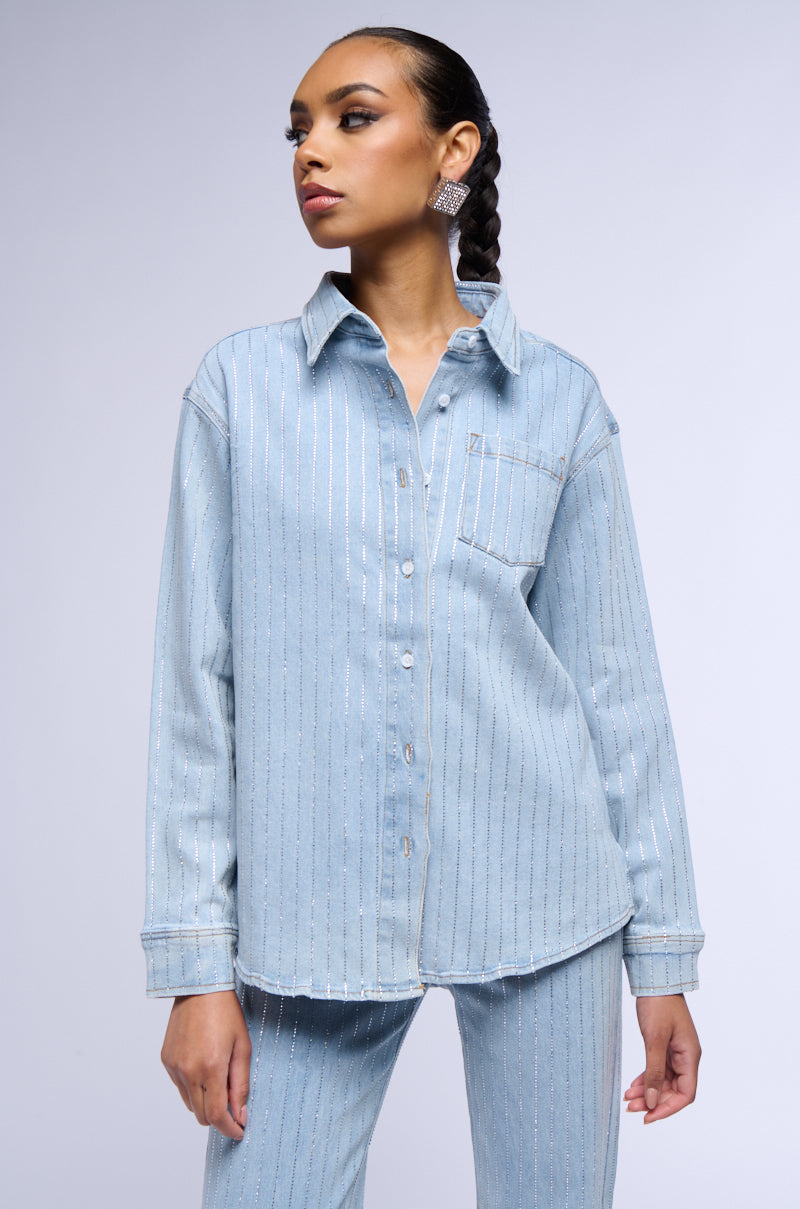 Front View Effortless Glam Rhinestone Stripe Denim Button Down 10