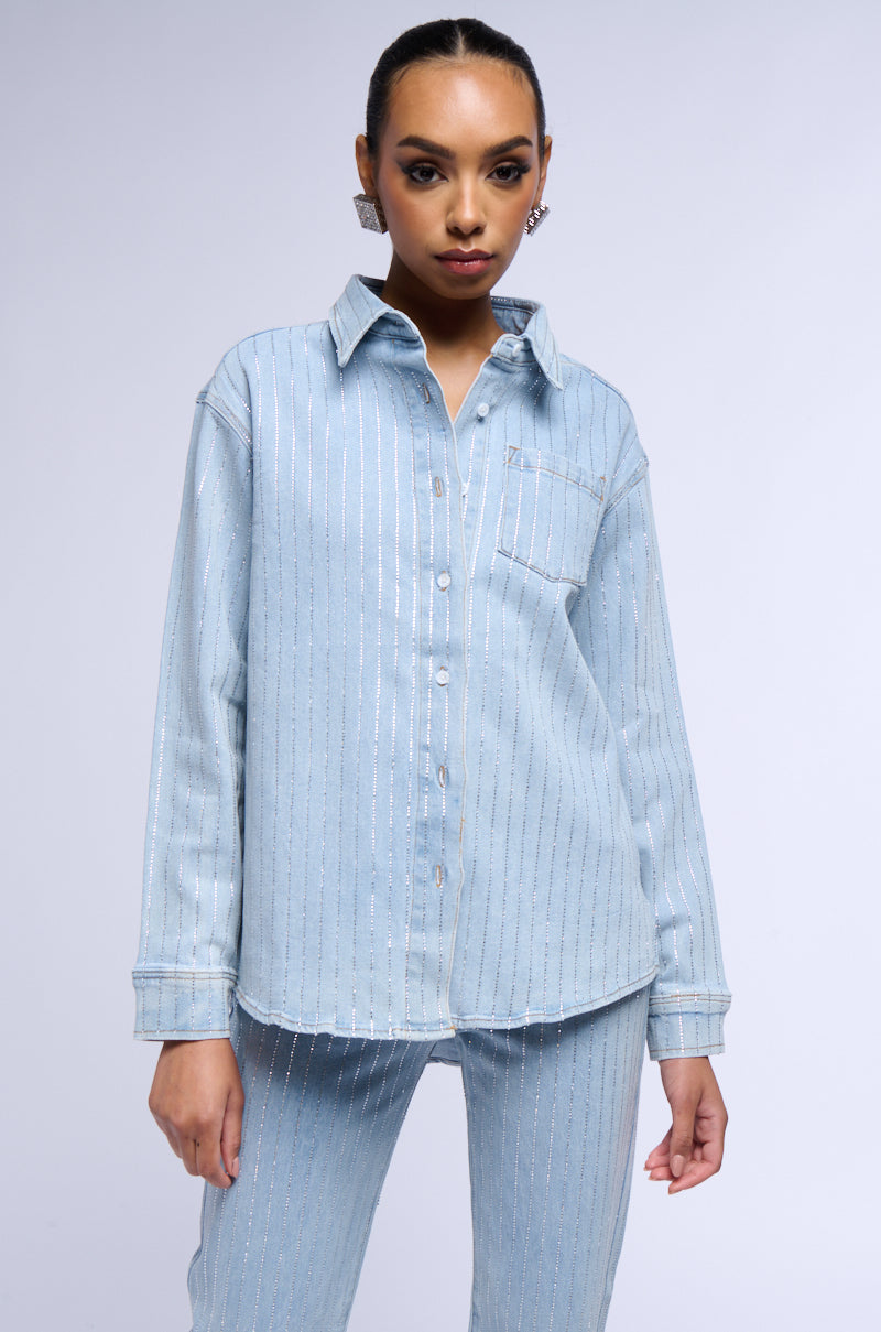 Side View Effortless Glam Rhinestone Stripe Denim Button Down 11