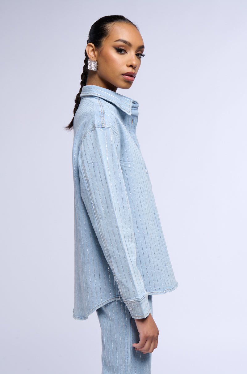 Back View Effortless Glam Rhinestone Stripe Denim Button Down 12
