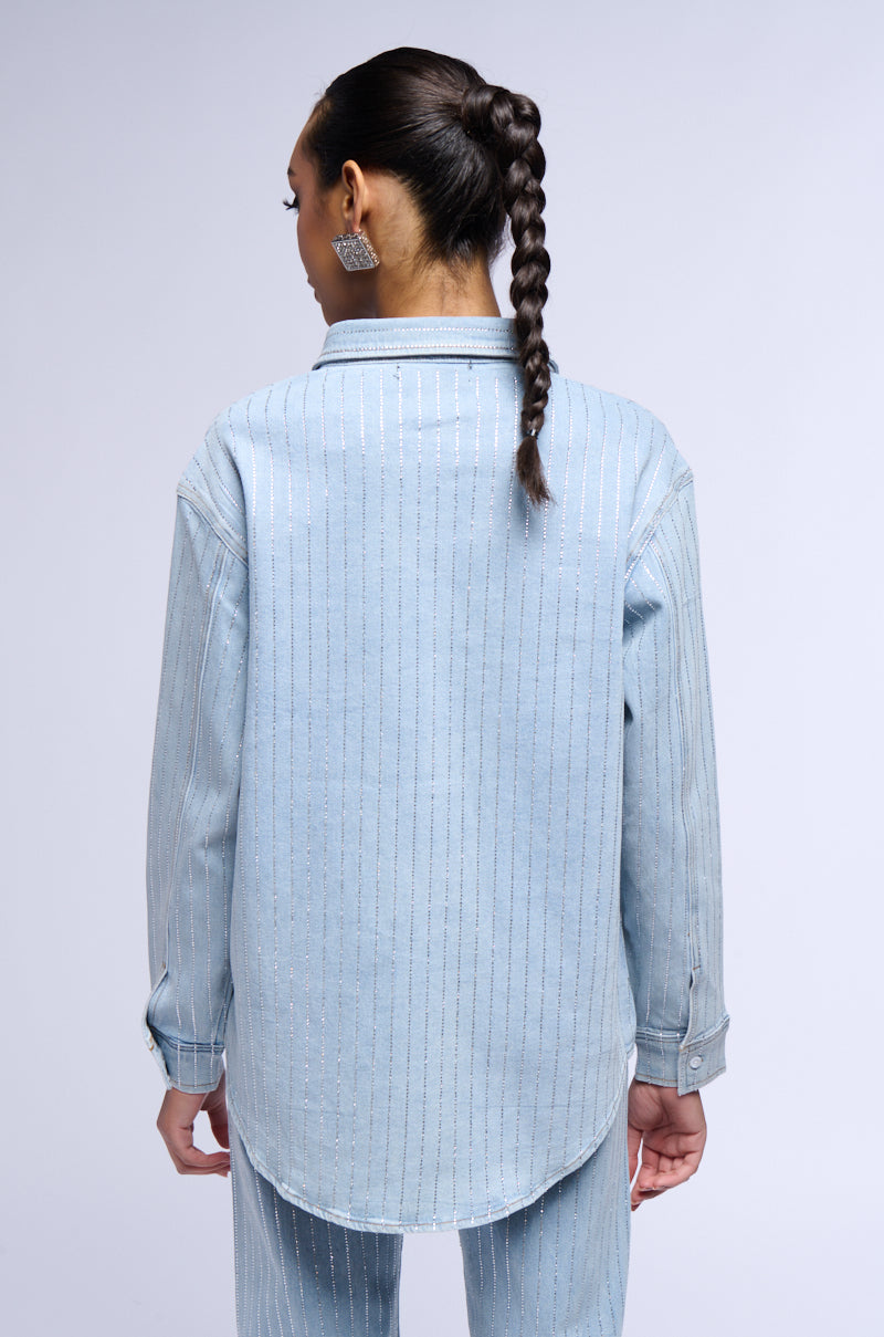 Detail View Effortless Glam Rhinestone Stripe Denim Button Down 13