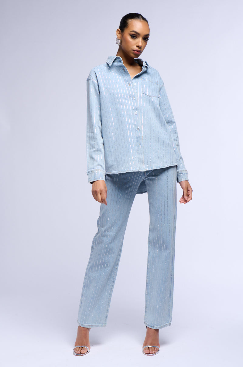 Full View Effortless Glam Rhinestone Stripe Denim Button Down 14