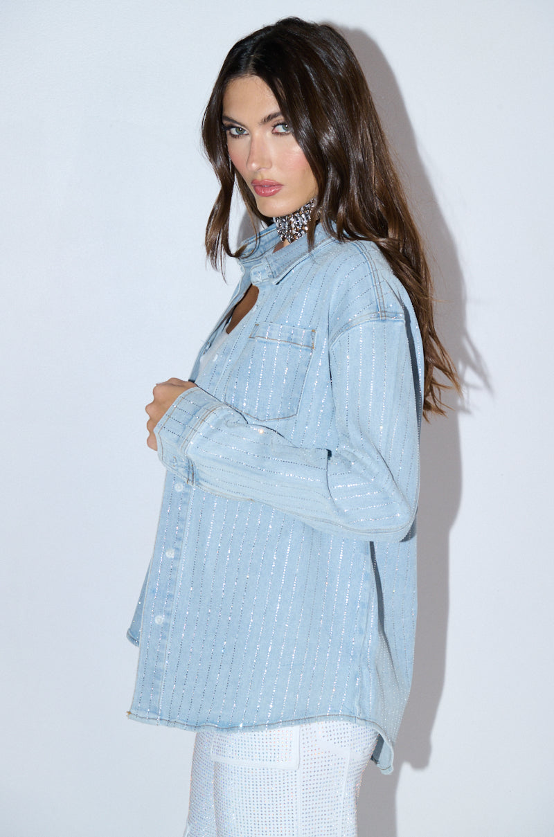 Full View Effortless Glam Rhinestone Stripe Denim Button Down 4