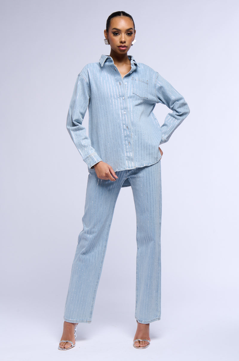 Extra View Effortless Glam Rhinestone Stripe Denim Button Down 15