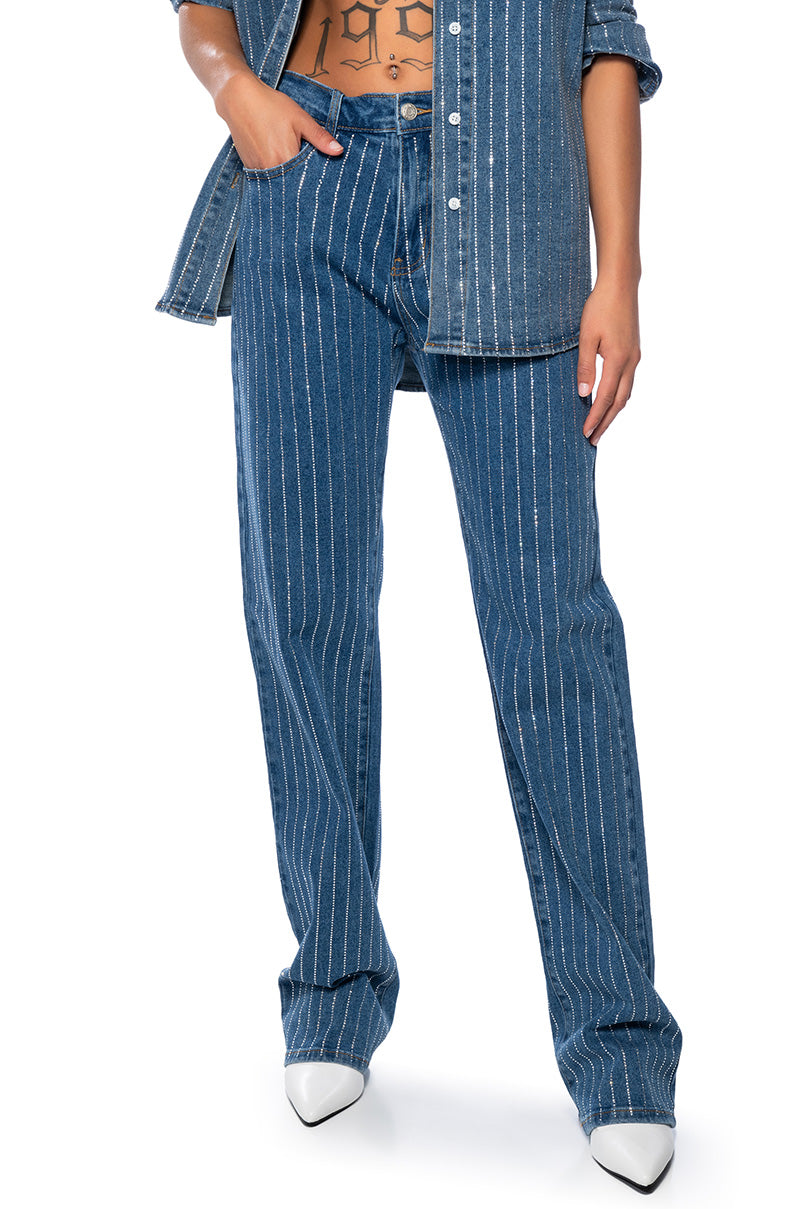 Front View Effortless Glam Rhinestone Stripe Straight Leg Jean
