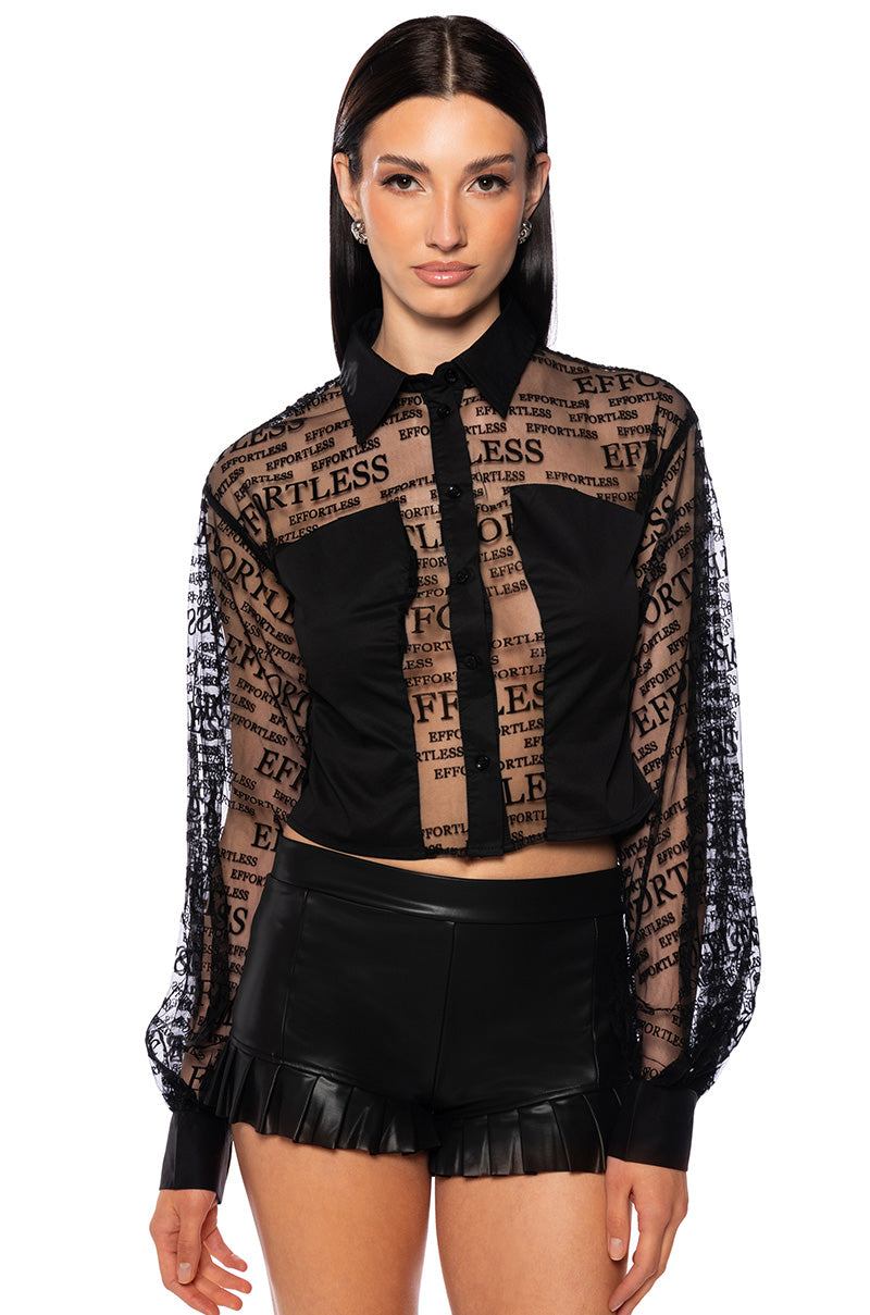 Front View Effortless Puff Sleeve Tulle Blouse In Black