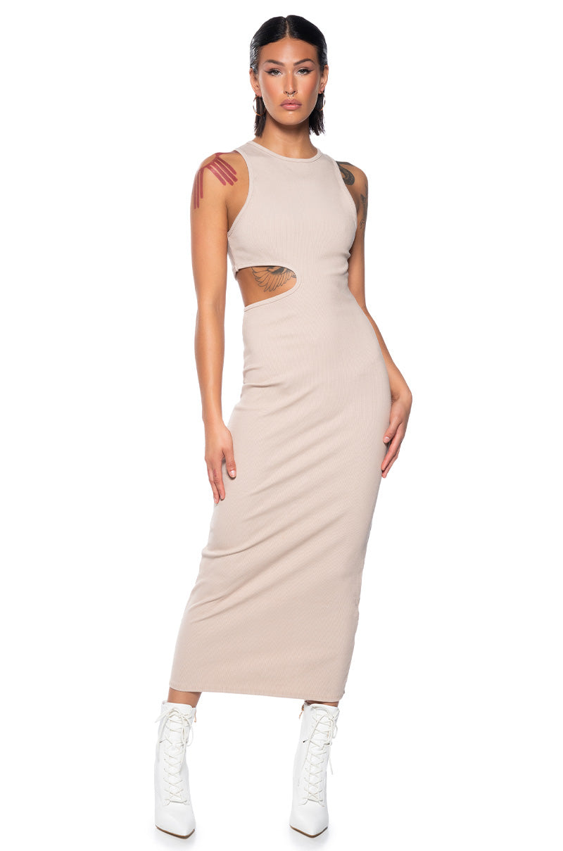 Front View Effortless Win Side Cutout Midi Dress In Nude
