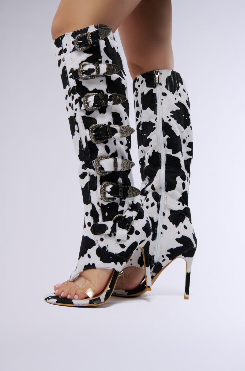 ELARAH COW PRINT FAUX PONY HAIR OPEN TOE SANDAL BOOT view 0